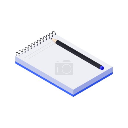Vector flat isometric illustration of blank notebook with a pencil above.