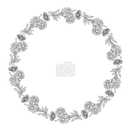 Couronne florale vectorielle dessinée à la main en noir et blanc