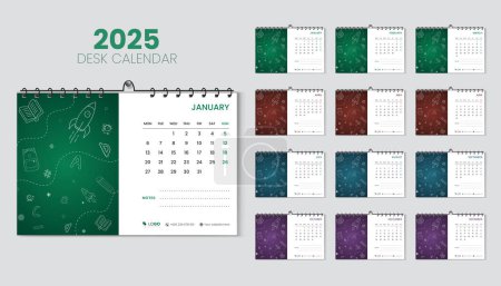 Schreibtischkalender 2025 Planer und Corporate Design-Vorlage für die Schule, Jahreskalender 2025 Bundle für 12 Monate, Wochenbeginn Montag, mehrfarbige Formen mit Vektorlayout, handgezeichneter Kalender