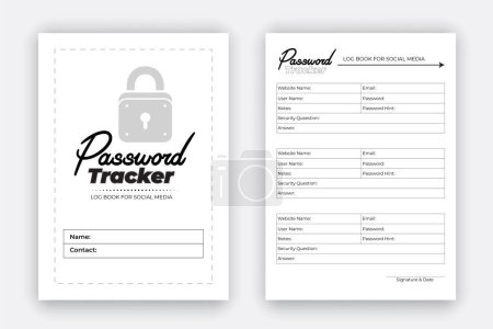 Passwort-Tracker Logbuch-Design-Vorlage, persönliches und Website-Datenformat Notizbuch, Erinnerungen Journal Interieur mit schwarzem weißem Papier