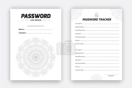 Mandala-Stil Passwort-Tracker täglich Planer Logbuch Notizbuch Tagebuch Layout Design-Vorlage, persönliche und Website-Datenformat, schwarz-weiß Papier Erinnerung Journal Interieur