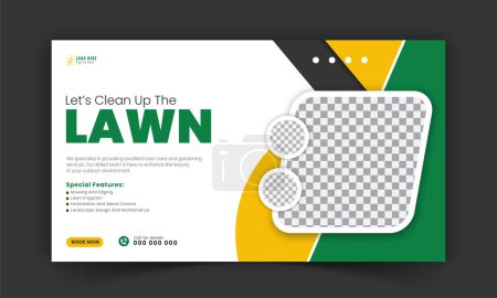 Lawn care and farming service YouTube thumbnail design, modern lawn mower garden, or landscaping service with abstract green and yellow color shapes for social media cover, post, web banner template