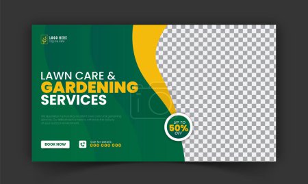 Illustration for Corporate lawn care and gardening or landscaping service live stream YouTube video thumbnail design, lawn mower, gardening, promotion, social media post template, abstract green, yellow color shapes - Royalty Free Image