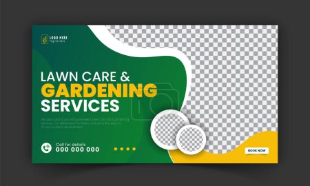 Illustration for Corporate lawn care and gardening or landscaping service live stream YouTube video thumbnail design, lawn mower, gardening, promotion, social media post template, abstract green, yellow color shapes - Royalty Free Image