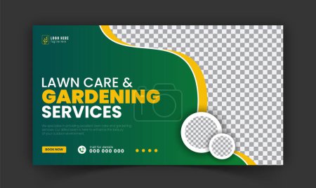 Illustration for Organic food and agriculture service YouTube video thumbnail design, modern lawn mower garden, or landscaping service social media cover or post template with abstract green and yellow color shapes - Royalty Free Image