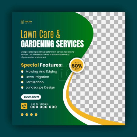 Agriculture and farming promotion with modern lawn mower garden or landscaping service social media cover design, abstract green and yellow square web banner, post template flyer