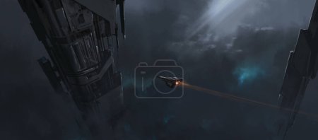 Foto de Nave espacial transbordadores entre edificios espaciales que perforan en el cielo, ilustración 3D. - Imagen libre de derechos