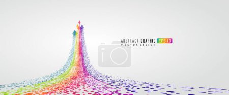 Ilustración de Innumerables partículas de colores forman una flecha en forma de arco iris, simbolizando la subida y el desarrollo, gráficos vectoriales. - Imagen libre de derechos
