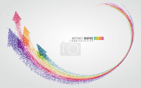 Innumerables partículas de colores forman una flecha en forma de arco iris, simbolizando la subida y el desarrollo, gráficos vectoriales.