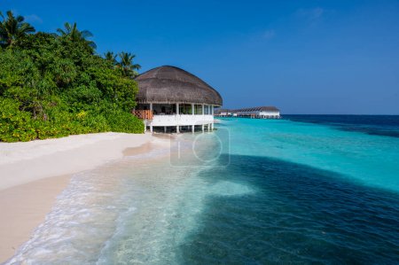Tropical structure with a thatched roof on a beautiful sandy beach. Sunny weather. Dense green forest with palm trees.