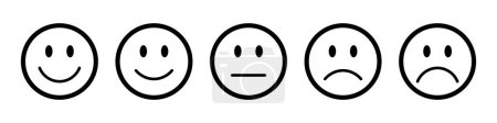 Illustration for Rating emojis set in black with outline. Feedback emoticons collection. Very happy, happy, neutral, sad and very sad emojis. Flat icon set of rating and feedback emojis icons in black with outline. - Royalty Free Image