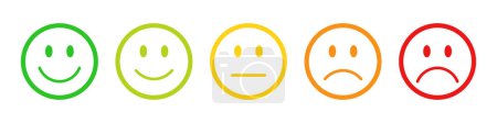 Téléchargez les illustrations : Évaluation emojis ensemble dans différentes couleurs contour. Rétroaction émoticônes collection. Émojis très heureux, heureux, neutres, tristes et très tristes. Ensemble d'icônes plates de notation et de rétroaction emojis icônes contour des couleurs. - en licence libre de droit
