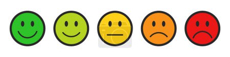 Téléchargez les illustrations : Évaluation emojis ensemble dans différentes couleurs avec contour noir. Rétroaction émoticônes collection. Émojis très heureux, heureux, neutres, tristes et très tristes. Ensemble d'icônes plates de notation et de feedback emojis icônes. - en licence libre de droit