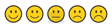 Illustration for Rating emojis set in yellow color with black outline. Feedback emoticons collection. Very happy, happy, neutral, sad and very sad emojis. Flat icon set of rating and feedback emojis icons. - Royalty Free Image