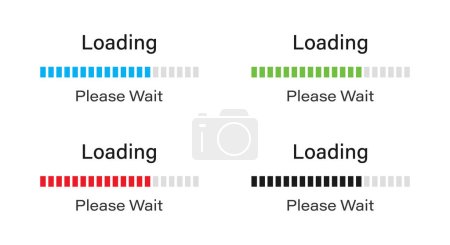 Illustration for Loading bar point icon set. Loading 70% please wait symbol icon set isolated on white background. Loading please wait symbol icon set in blue, green, red and black colors. - Royalty Free Image