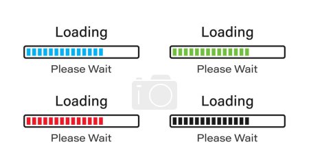 Illustration for Loading bar point with outline icon set. Loading please wait symbol icon set in blue, green, red and black colors. Loading 70% please wait symbol icon set isolated on white background. - Royalty Free Image
