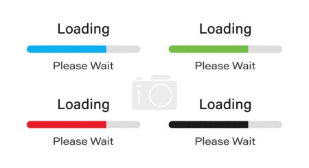 Illustration for Loading bar slider icon set. Loading 70% please wait symbol icon set isolated on white background. Loading please wait symbol icon set in blue, green, red and black colors. - Royalty Free Image