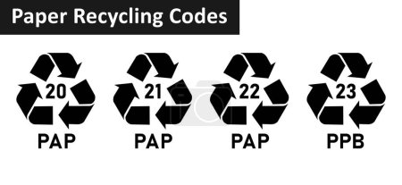 Illustration for Paper recycling code icon set. Paper cardboard boxes recycling codes 20, 21, 22, 23 for industrial and factory uses. Triangluar mobius strip pap recycling symbols isolated on white background. - Royalty Free Image