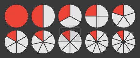 Photo for Circle divided into 1-10 parts icon set. Full circle segment diagram in 1-10 parts graph icon pie shape section chart in red and white color. Circle divided in ten parts infographics. - Royalty Free Image