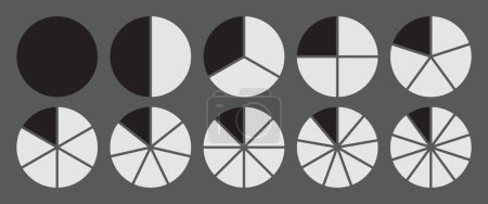 Photo for Circle divided into 1-10 parts icon set. Full circle segment diagram in 1-10 parts graph icon pie shape section chart in black and white color. Circle divided in ten parts infographics. - Royalty Free Image