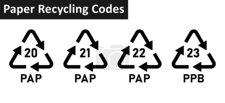 Téléchargez les illustrations : Ensemble d'icône de code de recyclage du papier. Boîtes en carton recyclé codes 20, 21, 22, 23 pour usages industriels et industriels. Symboles de recyclage de pap triangluar isolés sur fond blanc. - en licence libre de droit