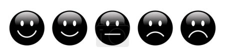 Téléchargez les illustrations : Évaluation 3D Emojis set in black color. Rétroaction émoticônes collection. Excellent, bon, neutre, mauvais et très mauvais émojis. Ensemble d'icônes plates de notation et de feedback icônes emojis en couleur noire. - en licence libre de droit