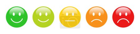 Téléchargez les illustrations : Évaluation 3D Emojis ensemble dans différentes couleurs avec brillance. Rétroaction émoticônes collection. Excellent, bon, neutre, mauvais et très mauvais émojis. Ensemble d'icônes plates de notation et de feedback emoji icônes. - en licence libre de droit