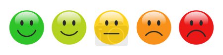 Téléchargez les illustrations : Évaluation 3D Emojis ensemble dans différentes couleurs avec brillance. Rétroaction émoticônes collection. Excellent, bon, neutre, mauvais et très mauvais émojis. Ensemble d'icônes plates de notation et de feedback emoji icônes. - en licence libre de droit