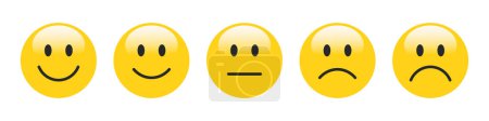 Téléchargez les illustrations : Évaluation 3D Emojis en couleur jaune. Rétroaction émoticônes collection. Excellent, bon, neutre, mauvais et très mauvais émojis. Ensemble d'icônes plates de notation et de feedback emojis icônes en couleur jaune. - en licence libre de droit