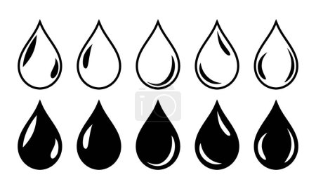 Photo for Drop symbol in black color with white shine. Oil, water, blood drop symbol icon set of five in black color with fill and outline. Water drop shape. Water, oil drops set isolated on white background. - Royalty Free Image