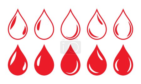 Photo for Blood drop symbol icon with shine set of five in red color with fill and outline. Blood drop shape. Blood drops set  isolated on white background. - Royalty Free Image