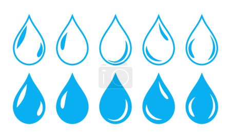 Illustration for Water drop symbol icon with shine set of five in red color with fill and outline. Water drop shape. Water drops set  isolated on white background. - Royalty Free Image