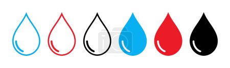 Photo for Set of simple water, blood and oil drop icon set. Blue, red and black drop icons outlined and filled isolated on white background- Vector Illustration - Royalty Free Image