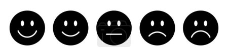 Téléchargez les illustrations : Évaluation emojis réglé en couleur noire. Rétroaction émoticônes collection. Émojis très heureux, heureux, neutres, tristes et très tristes. Ensemble d'icônes plates de notation et de feedback icônes emojis en couleur noire. - en licence libre de droit