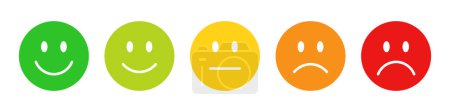 Téléchargez les illustrations : Évaluation emojis réglé dans différentes couleurs. Rétroaction émoticônes collection. Émojis très heureux, heureux, neutres, tristes et très tristes. Ensemble d'icônes plates de notation et de feedback emojis icônes en différentes couleurs. - en licence libre de droit