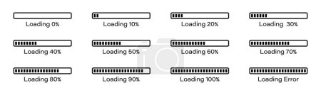 Photo for Percentage loading bar infographic icon set 0-100% in black colour. Rectangle bar percent loading and process symbols collection. Set of percentage loading bar 10%, 20%, 70, 90%, 100% in black color. - Royalty Free Image