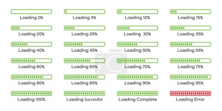 Illustration for Percentage loading bar infographics icon set 0-100% in green colour. Rectangle bar percent loading and process symbols collection. Set of percentage loading bar 5%, 10%, 95%, 100% in green color. - Royalty Free Image
