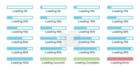 Illustration for Percentage loading bar infographics icon set 0-100% in blue colour. Set of percentage loading bar 5%, 10%, 95%, 100% in blue color. Rectangle bar percent loading and process symbols collection. - Royalty Free Image