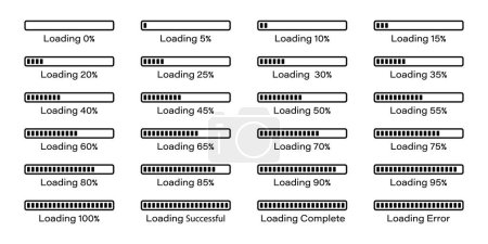 Illustration for Percentage loading bar infographics icon set 0-100% in black colour. Rectangle bar percent loading and process symbols collection. Set of percentage loading bar 5%, 10%, 95%, 100% in black color. - Royalty Free Image