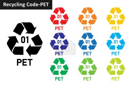 Illustration for PET plastic recycling code icon set. Mobius Strip Plastic recycling symbols 01 PET. Plastic recycling code 01 icon collection in ten different colors. Set of plastic recycling code symbol icon 01 PET. - Royalty Free Image