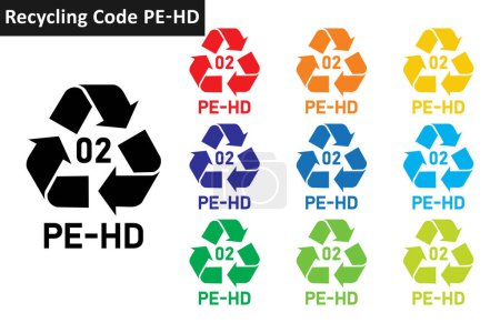 Illustration for PE-HD plastic recycling code icon set. Mobius Strip plastic recycling symbols 02 PE-HD. Plastic recycling code 02 icon collection in ten colors. Set of plastic recycling code symbol icon 02 PE-HD. - Royalty Free Image