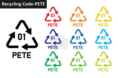 Illustration for PETE plastic recycling code icon set. Plastic recycling symbols 01 PETE. Plastic recycling code 01 icon collection in ten different colors. Set of plastic recycling code symbol icon 01 PETE. - Royalty Free Image