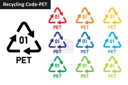 PET-Kunststoff-Recycling-Code-Set. Kunststoffrecycling-Symbole 01 PET. Kunststoff-Recycling-Code 01 Symbolsammlung in zehn verschiedenen Farben. Set von Kunststoff-Recycling-Codesymbol Symbol 01 PET.