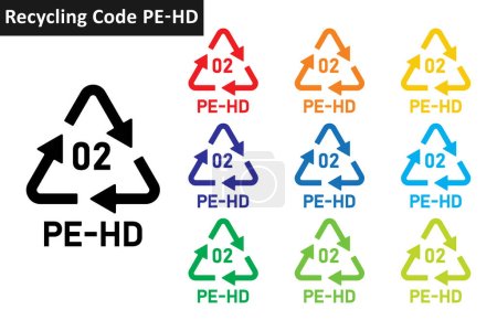 Illustration for PE-HD plastic recycling code icon set. Plastic recycling symbols 02 PE-HD. Plastic recycling code 02 icon collection in ten different colors. Set of plastic recycling code symbol icon 02 PE-HD. - Royalty Free Image