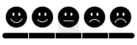 Photo for Rating emojis set in black with a black rating scale. Feedback emoticons collection, Very happy, happy, neutral, sad and very sad emojis with review measuring scale. Flat icon set of rating emoticons - Royalty Free Image