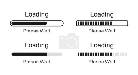 Illustration for Loading bar point with outline icon set in black color. Loading please wait symbol icon set in four different styles. Loading 70% please wait symbol icon set isolated on white background. - Royalty Free Image