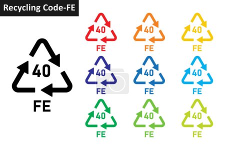 Téléchargez les illustrations : Ensemble d'icônes de code de recyclage du fer. Symboles de recyclage des métaux 40 FE. Recyclage des métaux code 40 collection d'icônes en dix couleurs différentes. Ensemble d'icône de symbole de code de méta recyclage 40 FE. - en licence libre de droit
