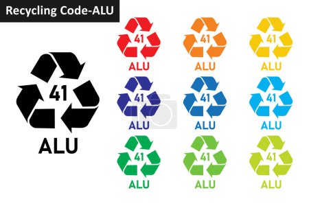 Ilustración de Conjunto de iconos de código de reciclaje de metal de aluminio. Símbolos de reciclaje de metal 41 ALU. Colección de iconos de código 41 de reciclaje de metal Mobius Strip en diez colores. Conjunto de código de reciclaje de metal icono símbolo 41 ALU. - Imagen libre de derechos