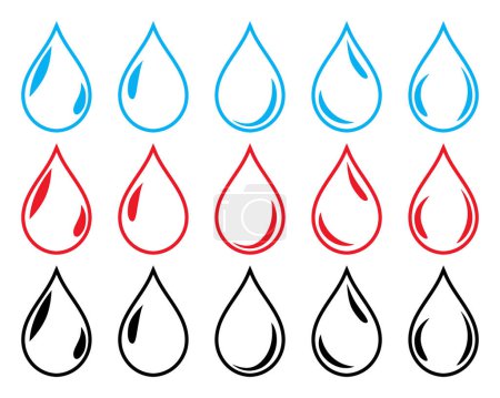 Photo for Water, blood and oil drop symbol icon set in blue, red and black color outline. Set of glossy water, blood and oil drop icon set isolated on white background. - Royalty Free Image