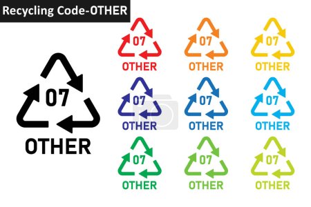 Illustration for OTHER plastic recycling code icon set. Plastic recycling symbol 07 OTHER. Plastic recycling code 07 icon collection in ten different colors. Set of plastic recycling code symbol icon 07 OTHER. - Royalty Free Image